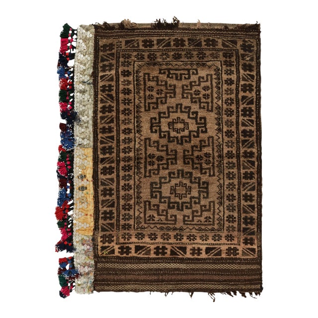 Antique Baluch Persian Rug in Beige- Brown Geometric Pattern, One-Sided Fringe For Sale