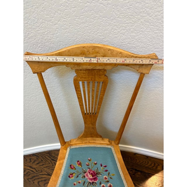 Antique Bird’s-Eye Maple Side Chair With Lyre Back & Hand Needlepoint Floral Seat, C. 1900 For Sale In Denver - Image 6 of 10