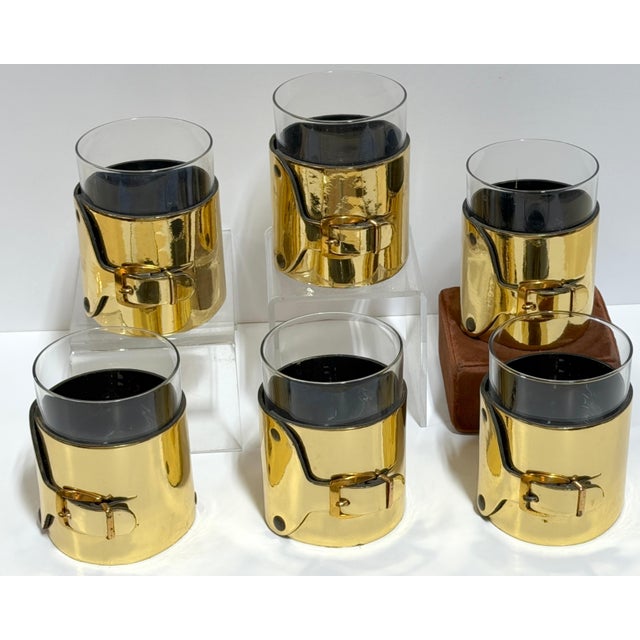 Late 20th Century 6 Italian Gold-Plated Leather Horsebit Old Fashioned Glasses, Style of Gucci For Sale - Image 14 of 14