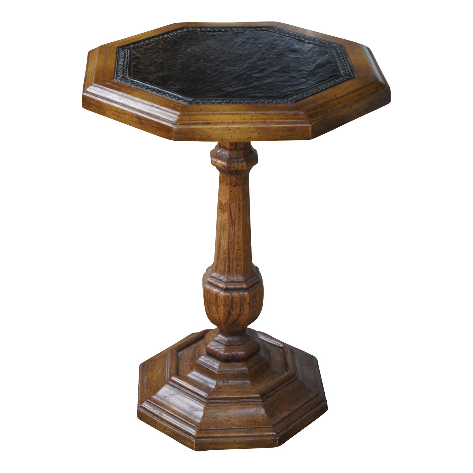 Mid Century Oak Octagon Leather Top Pedestal Side Table Sculpture Stand ...