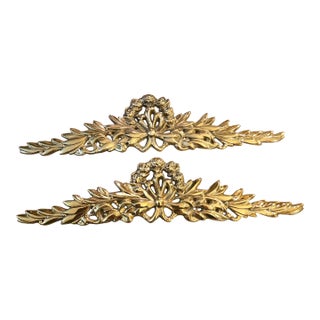 Pair of Ornate Vintage Brass Decorative Pediment Wall Hangings With Gold Finish For Sale