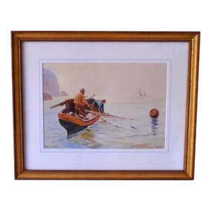 1930s "Toilers of the Sea", Original Watercolor Painting, Framed
