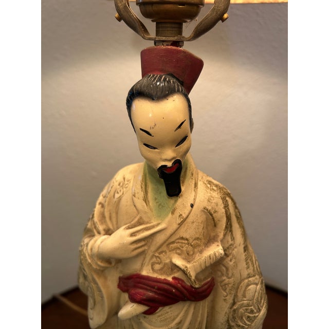 Mid Century Chinoiserie Asian Figural Warrior Chalkware Lamp 22" For Sale - Image 6 of 11