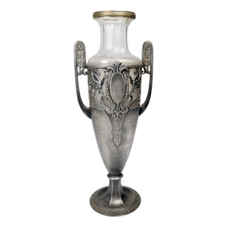 German Neoclassical Amphora Jar in Pewter and Glass, 1900s For Sale
