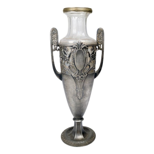 German Neoclassical Amphora Jar in Pewter and Glass, 1900s For Sale