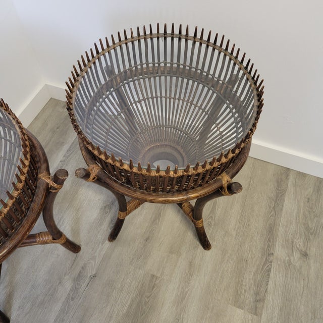 Pair Mid-Century McGuire Style Rattan End Tables With Spiked Gallery Rims For Sale - Image 10 of 12