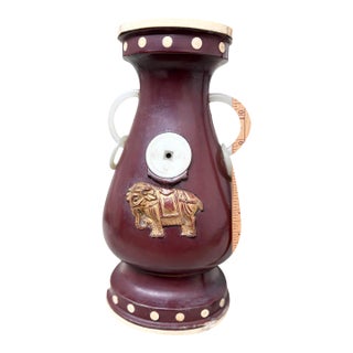 Antique Chinese Wine Red Lacquer Wood Vase With Bone and Jade Accents. For Sale