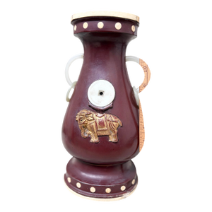 Antique Chinese Wine Red Lacquer Wood Vase With Bone and Jade Accents.
