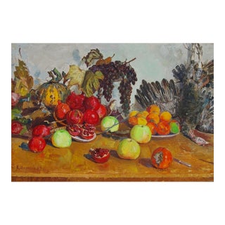 1960s Still Life Oil Painting, Turkey & Fruit For Sale