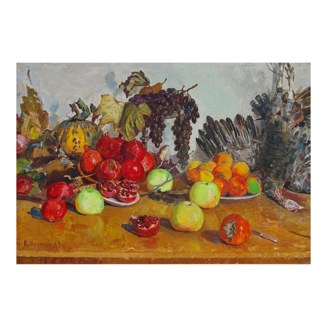 1960s Still Life Oil Painting, Turkey & Fruit For Sale