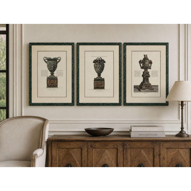 Neoclassical Style, Neoclassical, Antique Vase Engraving, Paper, Faux Marble Frame, 1970s A set of three detailed...