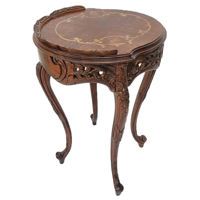 Brown Vintage 1930s French Carved Walnut Side Lamp Table Floral Inlay & Cabriole Legs For Sale - Image 8 of 12