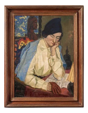 Portrait of Woman Reading, Oil on Canvas, Framed