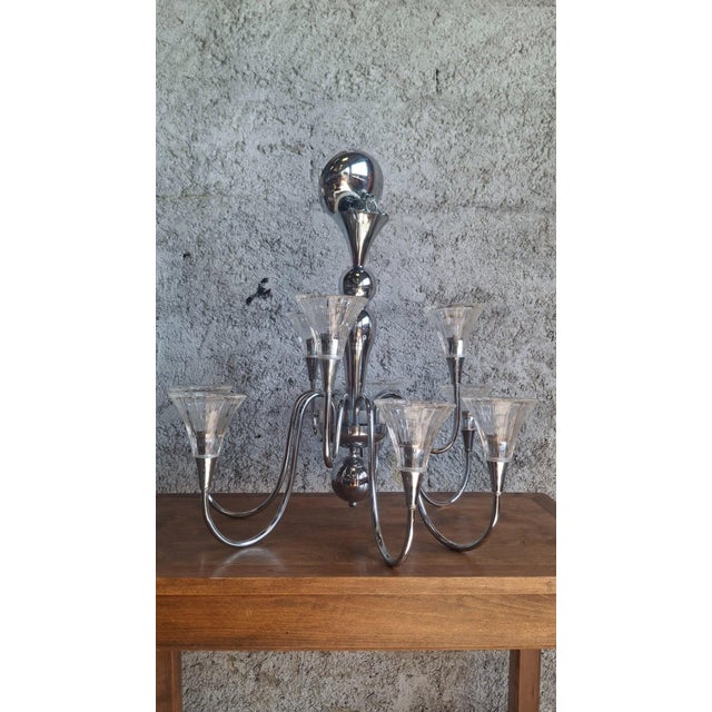 Tulip-Shaped Chandelier in Chrome Metal and Thick Glass, 1930s For Sale - Image 3 of 17