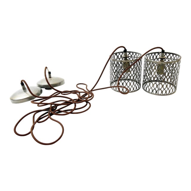 Vintage Hand Made Industrial Metal Cage Shadow Art Pendants - a Pair For Sale