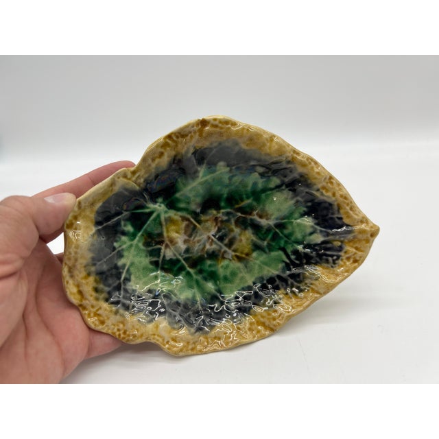 Ceramic Antique English Majolica Leaf Shaped Dish Brown and Green Color, Circa 1880 For Sale - Image 7 of 8
