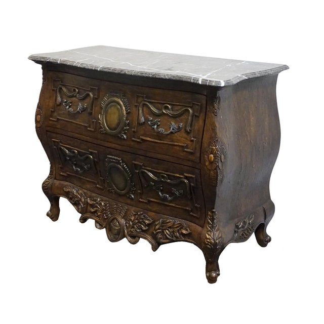 COLLEZIONE EUROPA Walnut French Provincial Louis XV Rococo Style 46" Two Drawer Bombe Chest w. Granite Top 36" High 46.75"...