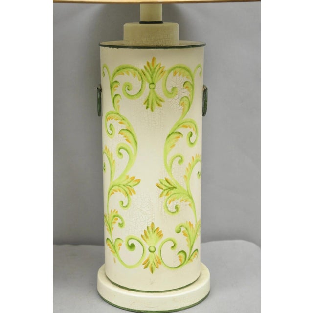 Late 20th Century French Country Cream & Green Distressed Tole Metal Cylinder Table Lamps - A Pair For Sale - Image 4 of 14