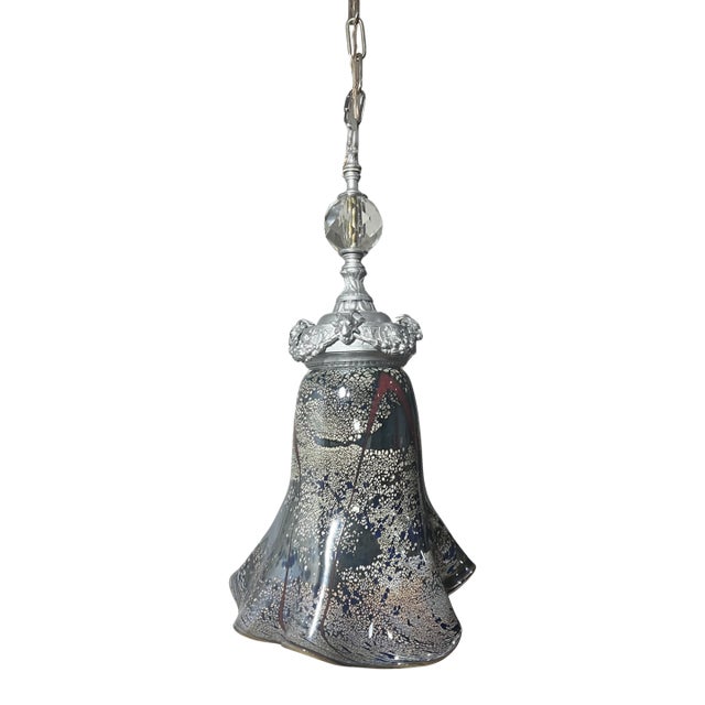 Antique Silver Tone Sculptural Med Goat Head & Abstract Art Glass Pendant Light For Sale