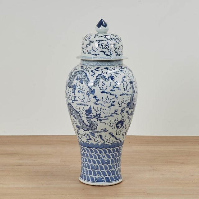 1960s Pair of Chinese Blue and White Porcelain Dragon Palace Urns For Sale - Image 5 of 13