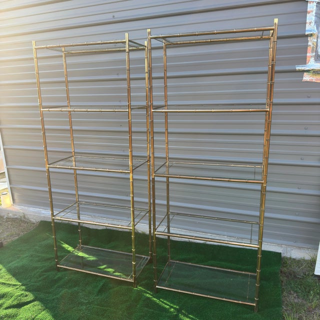 Late 1970s Brass and Glass Faux Bamboo Shelf / Etagere- 2 Available For Sale - Image 10 of 11