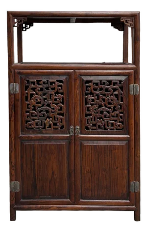 Chinese Open Carving Narrow Wood Grain Brown Side Table Cabinet