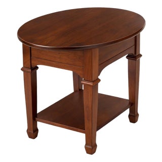 Late 20th Century Solid Wood Oval Side Table / Nightstand in Old Chapel Satin Walnut With Lower Shelf For Sale