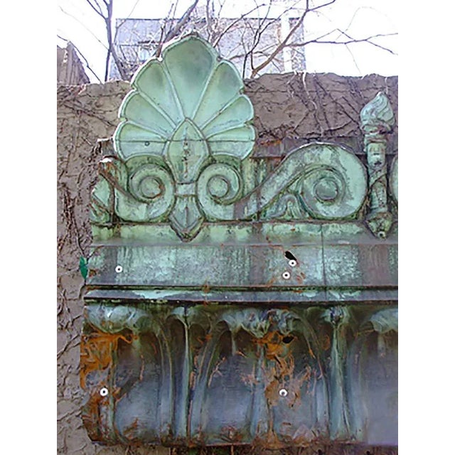 Antique circa 1910-1920 fragment of Beaux-Arts style building. Repousse copper cornice having Vitruvian scrolls, acanthus...