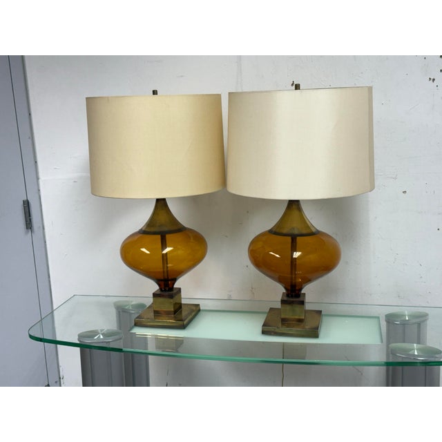 Italian Italian Murano Inspired Amber Glass Table Lamps, Pair For Sale - Image 3 of 12