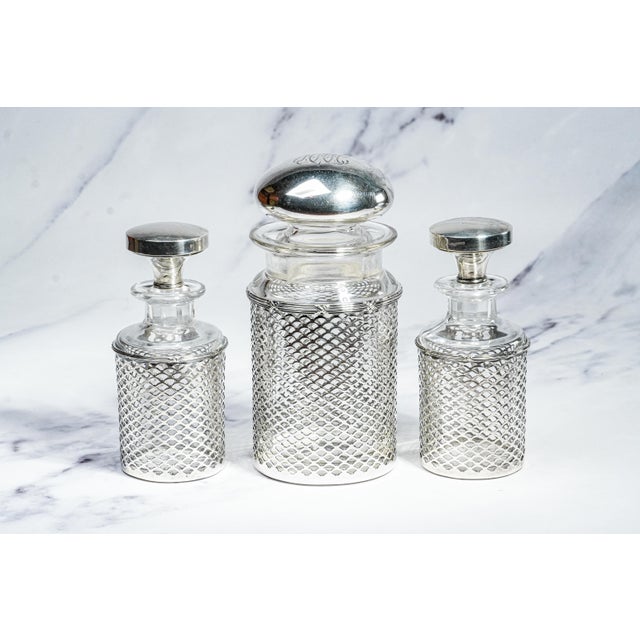 Art Nouveau Impressive 3 Piece Antique Crystal Sterling Silver Bottle Jar Vanity Dresser Set For Sale - Image 3 of 17