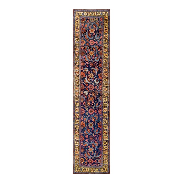 1900s Classic Blue Herati Pattern Antique Bidjar Hallway Runner Rug For Sale