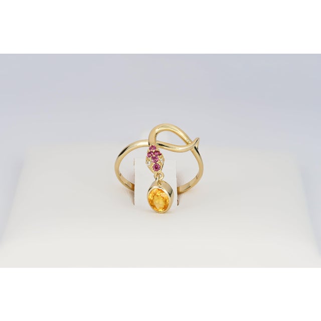 Yellow Snake Ring With Sapphire, Diamonds in 14k Gold - 5 Us Size For Sale - Image 8 of 9