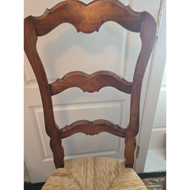 Wood 2 Vintage French Provincial Ladder Back Walnut Rush Seat Chairs For Sale - Image 7 of 13