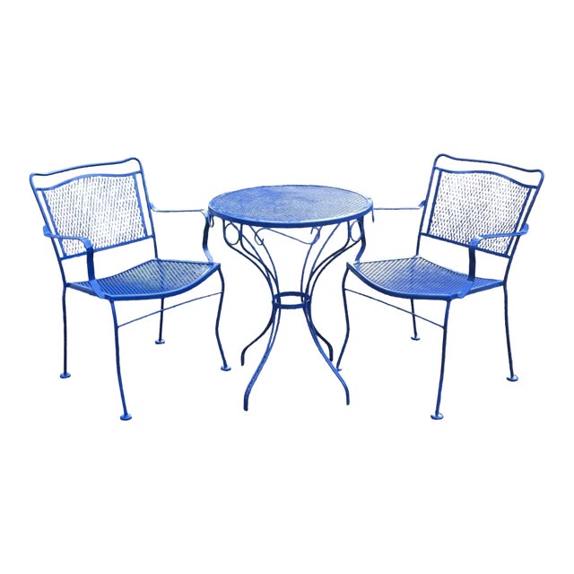 Vintage Wrought Iron Patio Set Painted Ford Blue, 3 Pieces For Sale