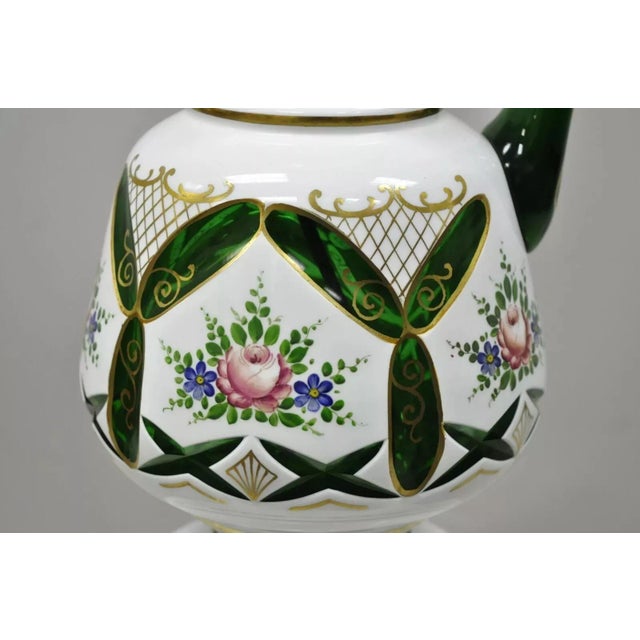 Antique Bohemian Czech Case Glass Green White Urn Ewer Table Lamp For Sale - Image 4 of 9