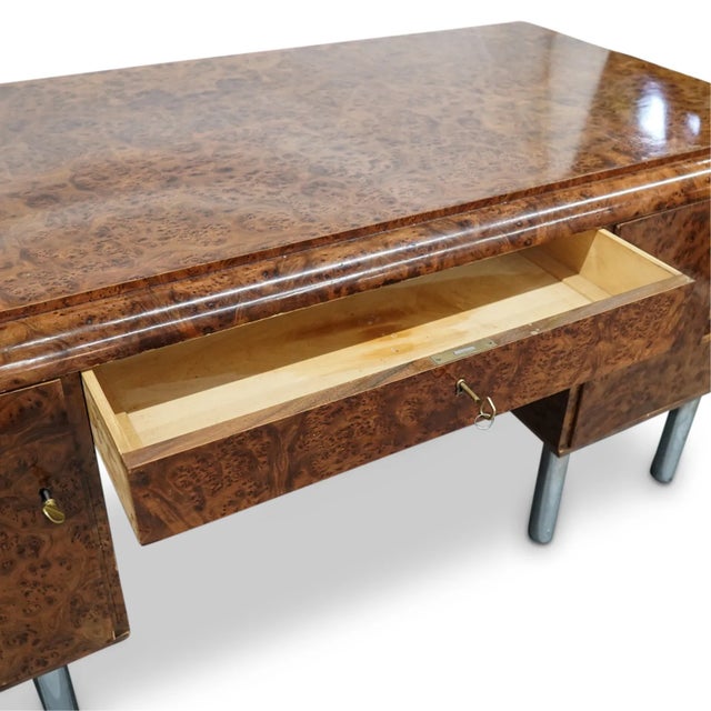1930s Large Art Deco Desk Amboyna Writing Desk Chrome Legs For Sale - Image 10 of 15