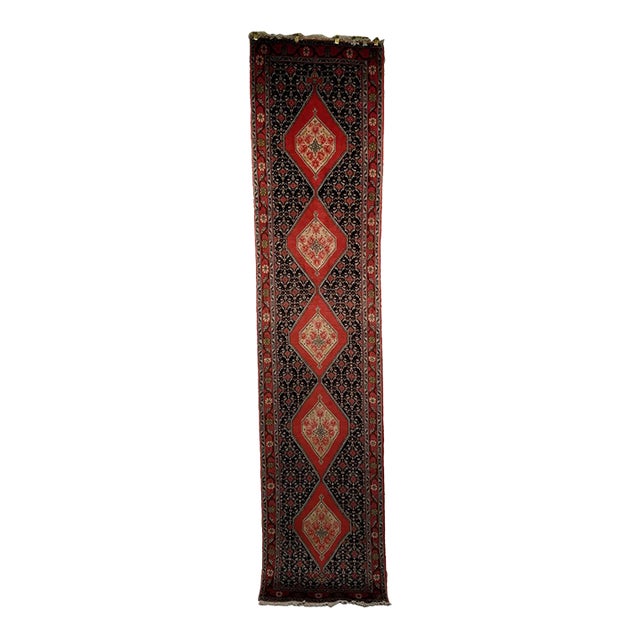 Vintage Persian Bidjar Runner, Hand-Knotted Wool, Geometric Pattern, Navy & Red, 3x10 For Sale