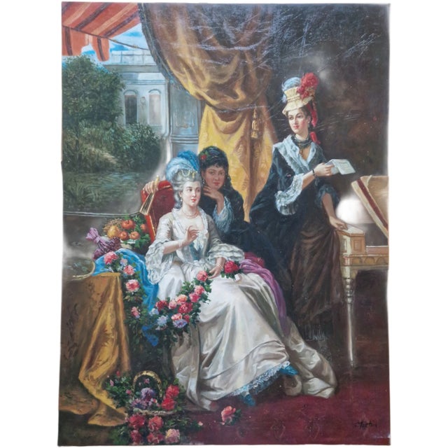 Oil on canvas depicting an elegant Rococo-style interior scene with three women in period dress, arranged in a refined...