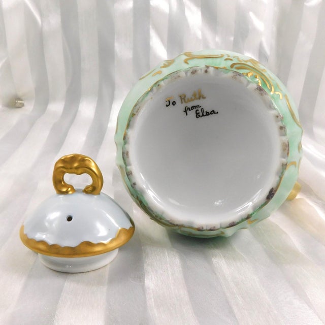 1940s Pale Blue Signed Hand Painted Teapot Sugar Bowl and Creamer Set For Sale - Image 12 of 17