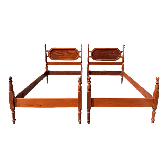 Pair of Vintage Mahogany Twin Bed Frames With Oval Panel Headboards For Sale