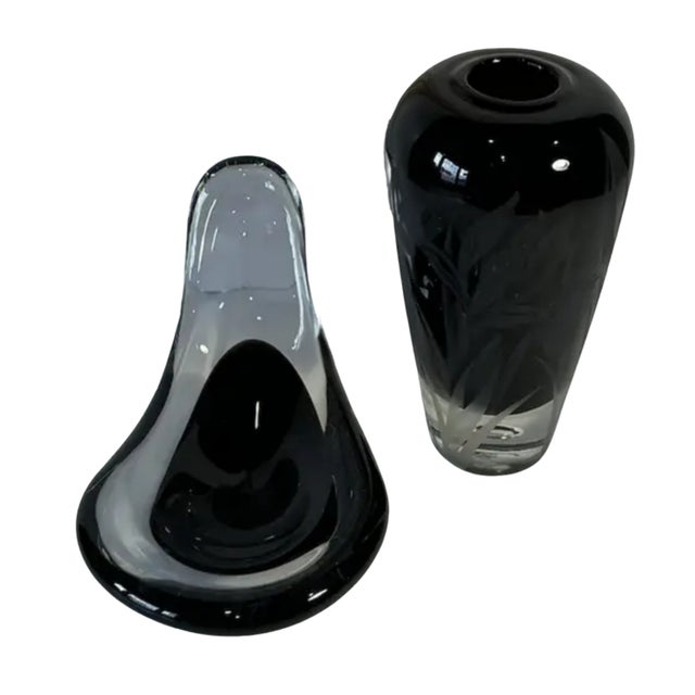 Erickson Glass Co. Carl Erickson Biomorphic Art Glass Bowl and Floral Black Sommerso Art Glass Vase Set of 2 For Sale - Image 4 of 14