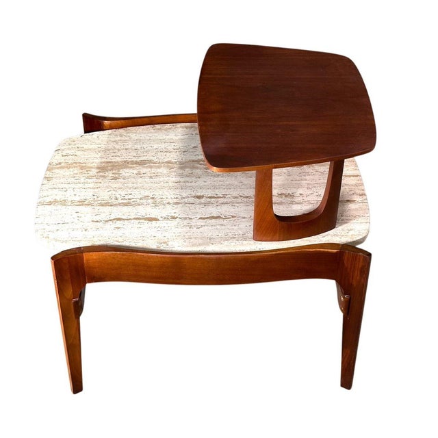 Bertha Schaefer Walnut w/Travertinr Side/End Table, 1960. Measures 22.5" wide 28.25" deep 22.75" tall