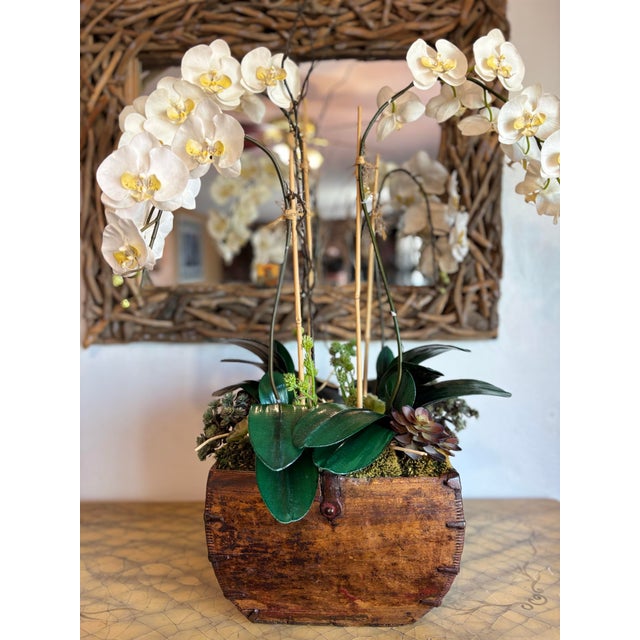 White Orchid Succulent Moss Faux Plant Arrangement For Sale - Image 9 of 9