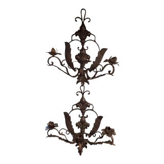 Pair of Large-Scale 19th Century Italian Wrought Iron Wall Sconces With Floral and Leaf Details For Sale