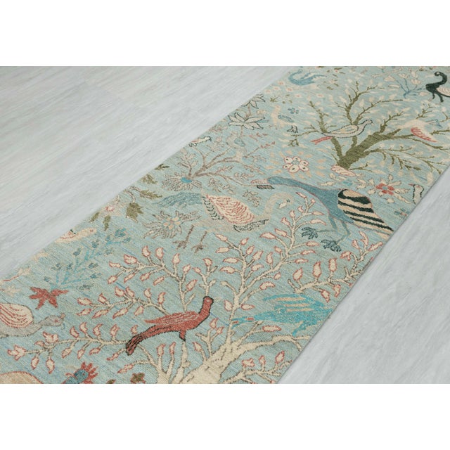 2.6x15ft. Light Blue Peacock Bird Garden Hand Knotted Wool Rug For Sale - Image 4 of 18