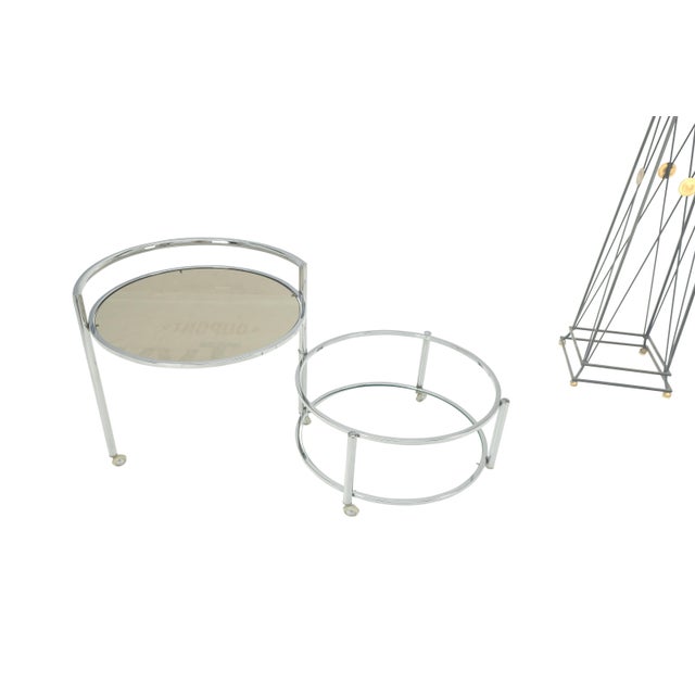 Chrome Round Chrome & Smoked Glass Expandable Serving Tea Bar Cart Shepherd Castors For Sale - Image 8 of 12