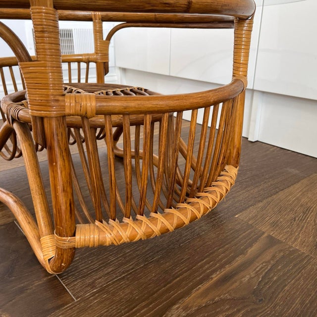 Vintage MCM Rattan Coffee Table 30" Round Glass Top Franco Albini Style Boho For Sale - Image 9 of 12