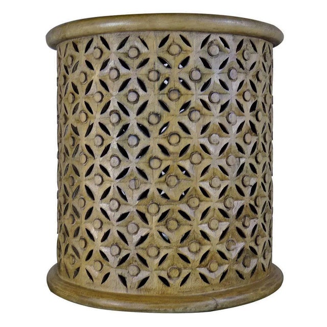 2020s Distressed Off- White Lattice Carved Round End Table | Farmhouse Side Table | Modern Circular 17" Tall Accent Table | Unique Pedestal For Sale - Image 5 of 5