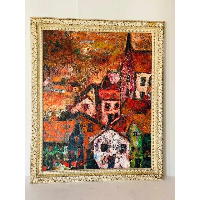 Listed artist Bess Schrantz abstract multilayered thick impasto Cityscape oil on canvas in original vintage frame, signed...