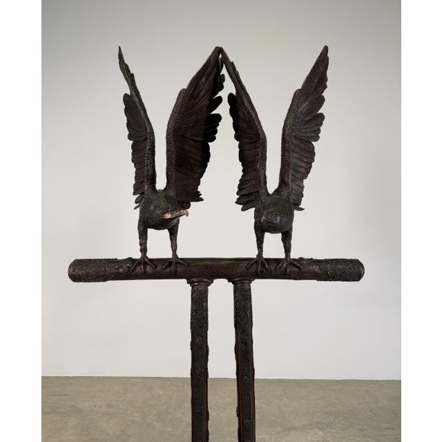 Bronze Double Eagle Sculpture on Japanese Stand, 68”h – Hand-Carved Style Pedestal Form For Sale - Image 4 of 13